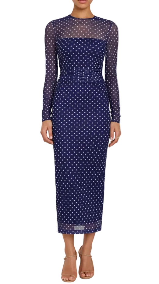 Amanda Uprichard Zoey Polka Dot Mesh Sleeve Midi Dress