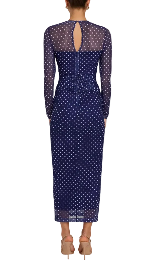 Amanda Uprichard Zoey Polka Dot Mesh Sleeve Midi Dress
