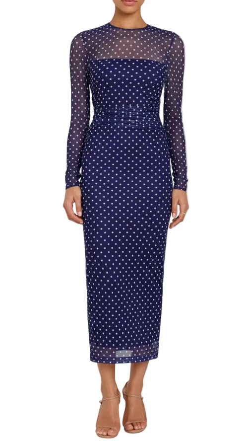 Amanda Uprichard Zoey Polka Dot Mesh Sleeve Midi Dress